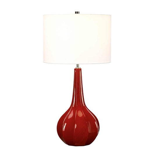 Red Glazed Ceramic Table Lamp with White faux Linen Shade - ID 13410