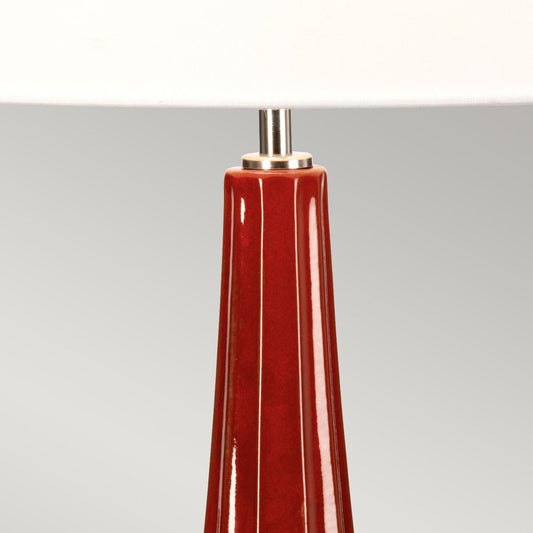 Red Glazed Ceramic Table Lamp with White faux Linen Shade - ID 13410