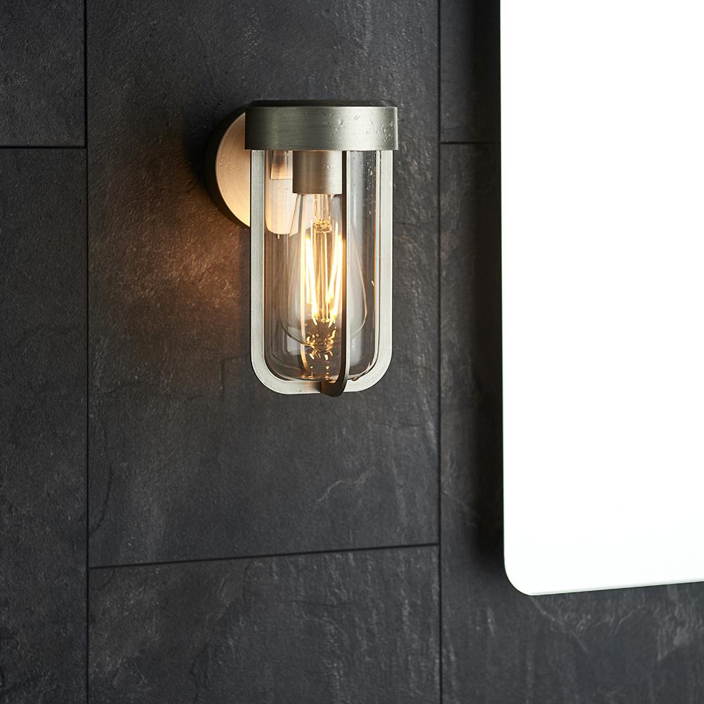 Die Cast IP44 Wall Light In Brushed Silver With Clear Glass  - ID 11068