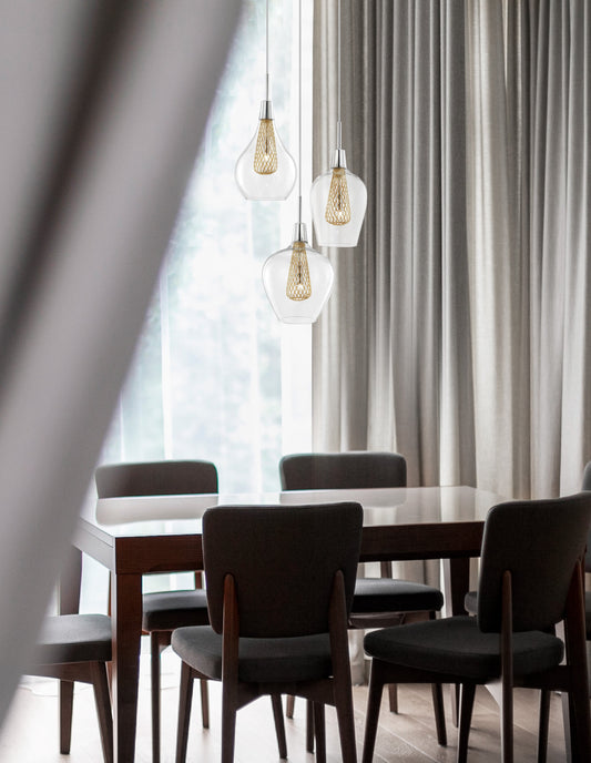 Clear Glass and Gold Mesh Triple Pendant - ID 9282