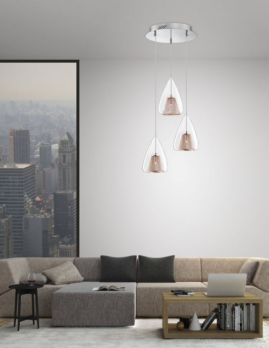 Copper Mesh and Glass 3 Lamp Multi Pendant - ID 6998