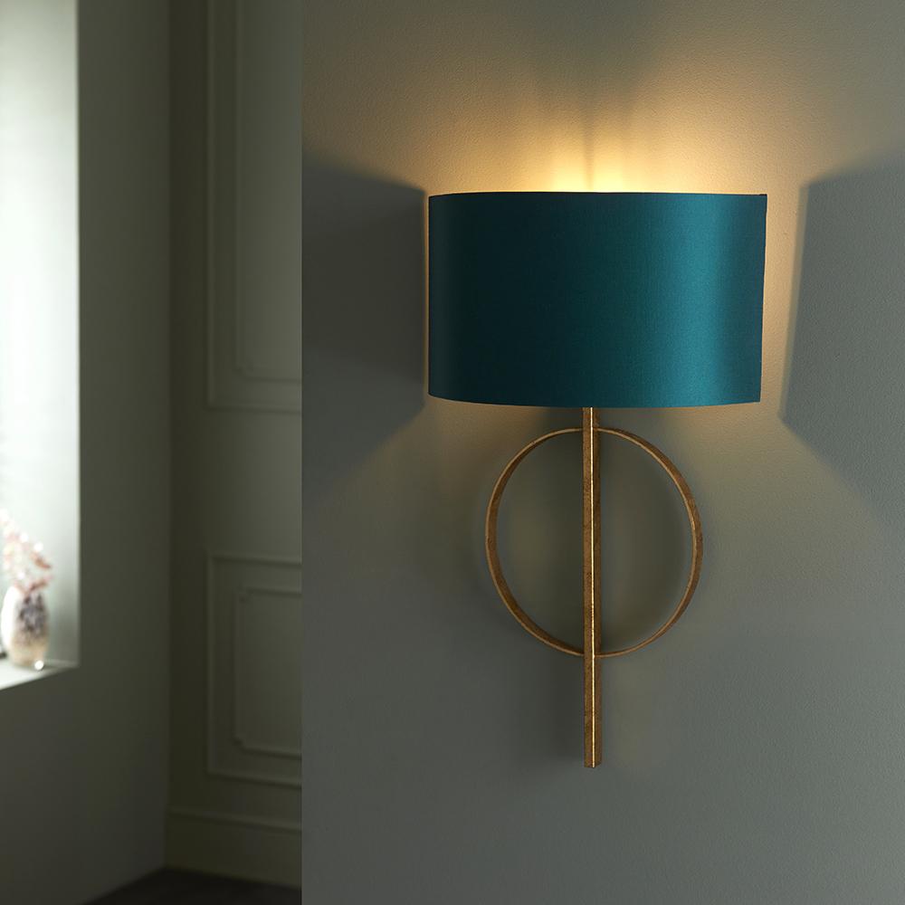 Hoop Detail Wall Light In Gold Leaf With Teal Satin Fabric - ID 11187