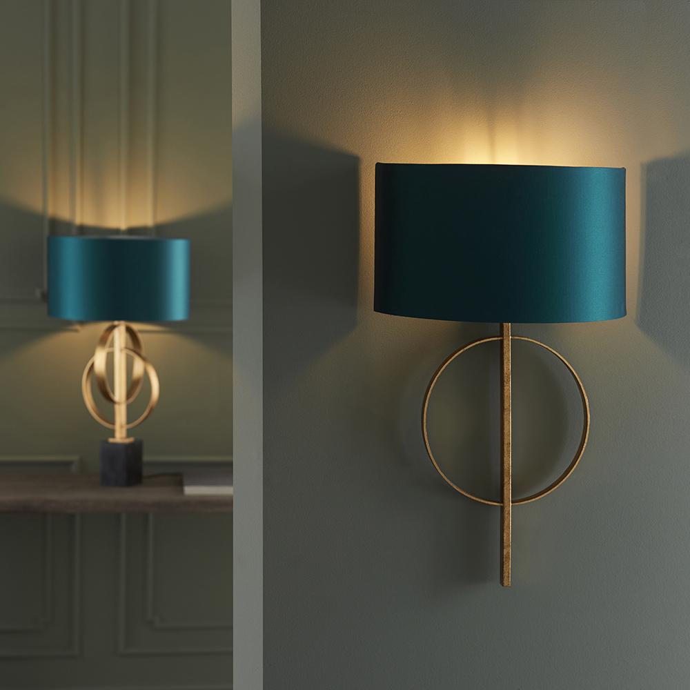 Hoop Detail Wall Light In Gold Leaf With Teal Satin Fabric - ID 11187