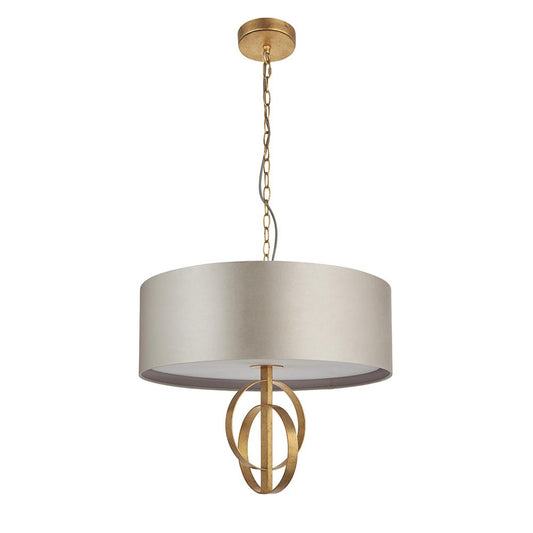 Hoop Detail Medium Three Light Pendant In Gold Leaf With Mink Satin Fabric - ID 11180