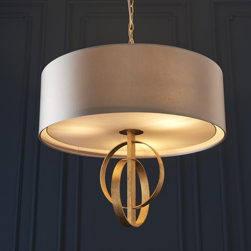 Hoop Detail Medium Three Light Pendant In Gold Leaf With Mink Satin Fabric - ID 11180
