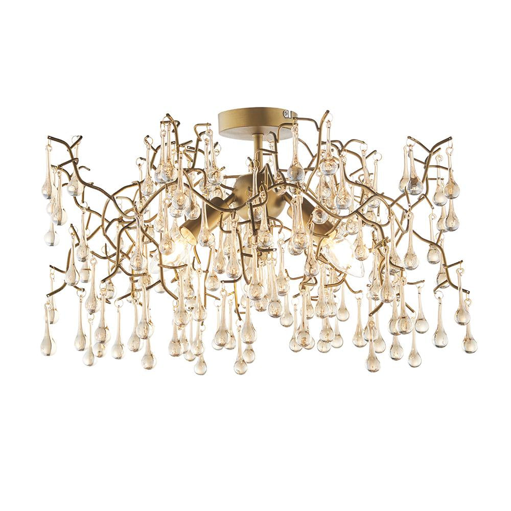 Champagne Lustre Glass Teardrop Semi-Flush Ceiling Light With Aged Gold Metalwork - ID 11138