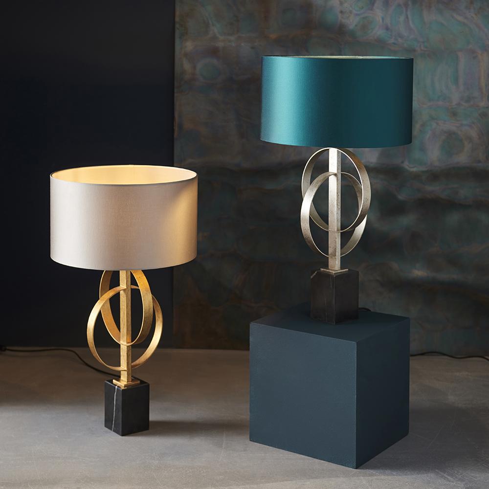 Hoop Detail Table Lamp In Gold Leaf With Mink Satin Fabric & Marble Base - ID 11182