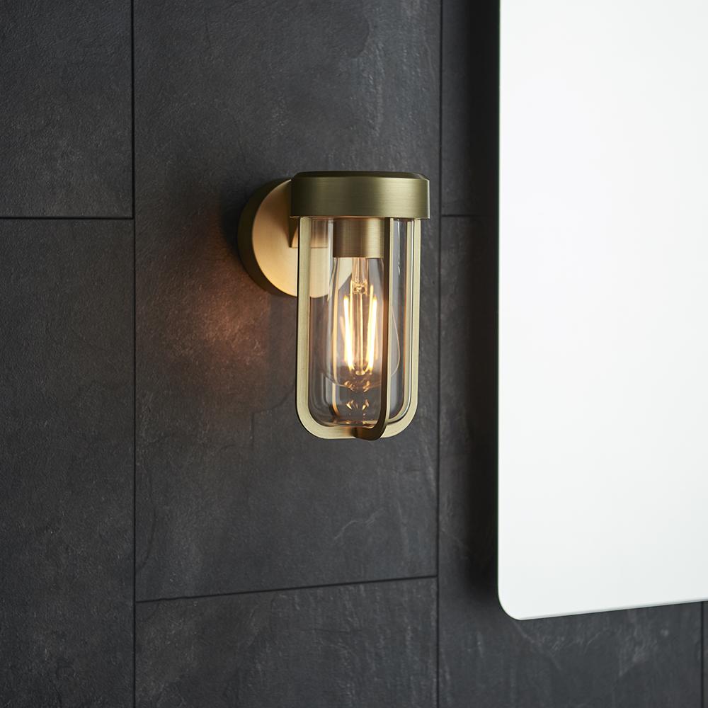 Die Cast IP44 Wall Light In Brushed Gold With Clear Glass  - ID 11071