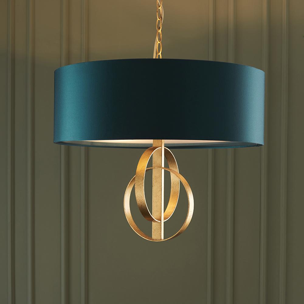 Hoop Detail Medium Three Light Pendant In Gold Leaf With Teal Satin Fabric - ID 11185
