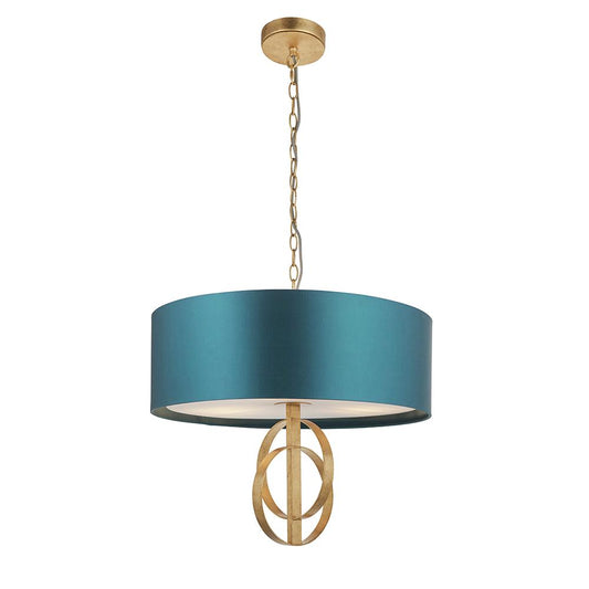 Hoop Detail Medium Three Light Pendant In Gold Leaf With Teal Satin Fabric - ID 11185