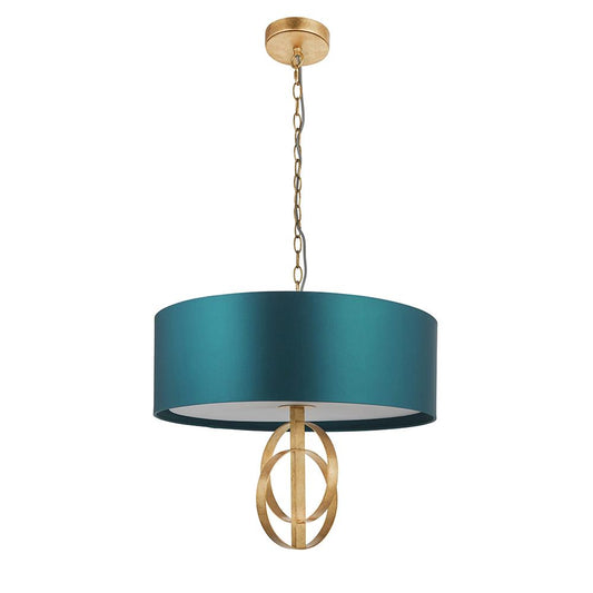 Hoop Detail Medium Three Light Pendant In Gold Leaf With Teal Satin Fabric - ID 11185