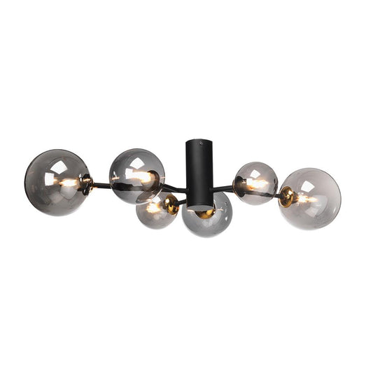 Fitzroy 6 Light Black & Gold Ceiling Light With Smoked Globes - 9441