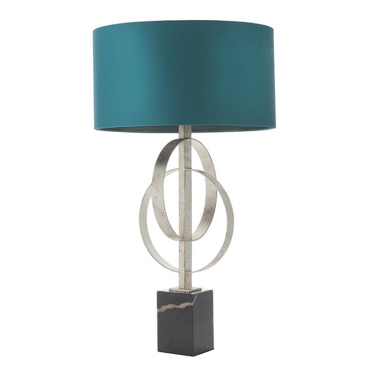 Hoop Detail Table Lamp In Silver Leaf With Teal Satin Fabric & Marble Base - ID 11177