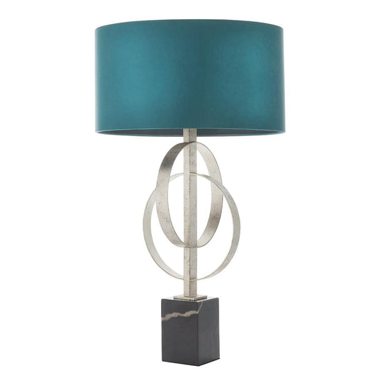 Hoop Detail Table Lamp In Silver Leaf With Teal Satin Fabric & Marble Base - ID 11177