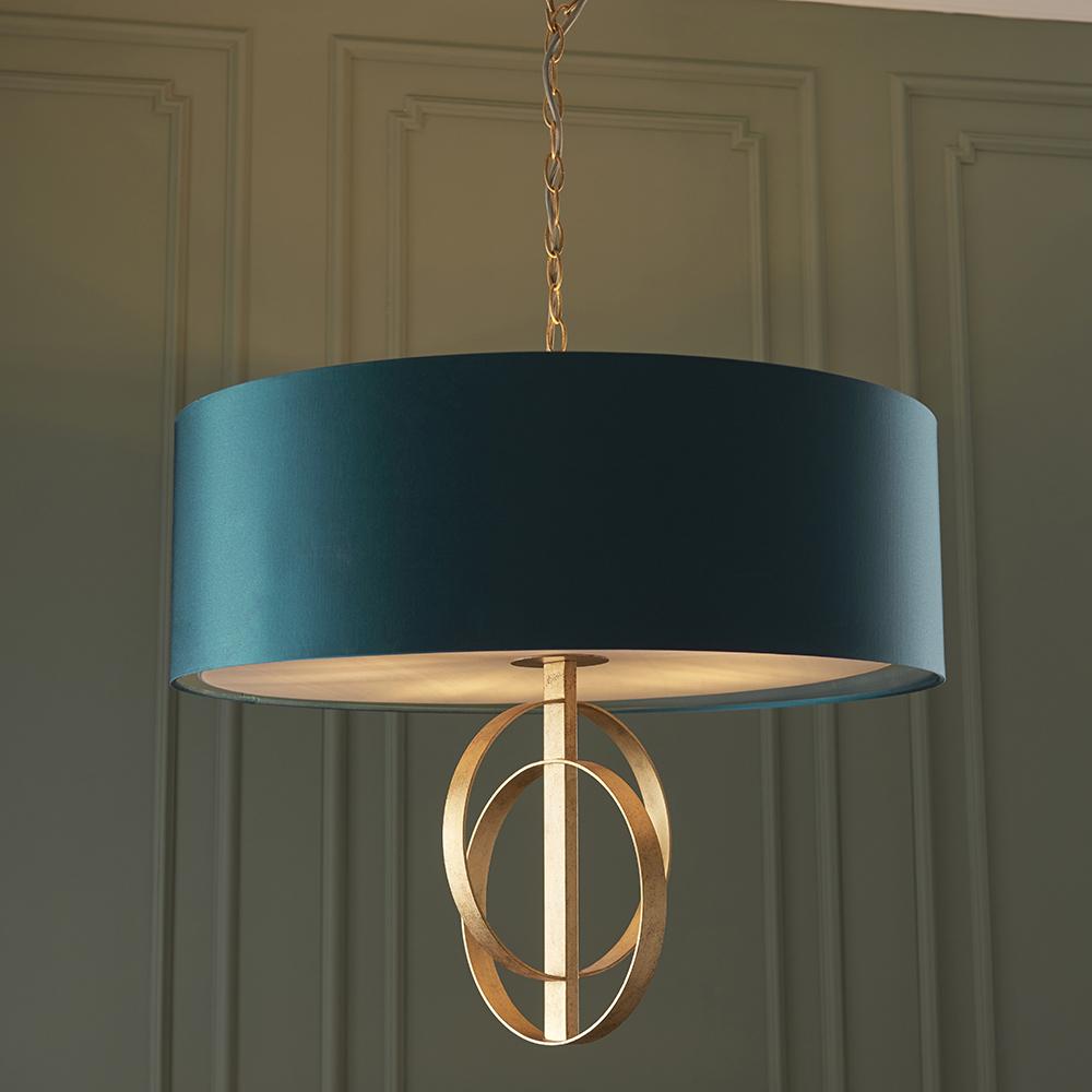 Hoop Detail Large Five Light Pendant In Gold Leaf With Teal Satin Fabric - ID 11184