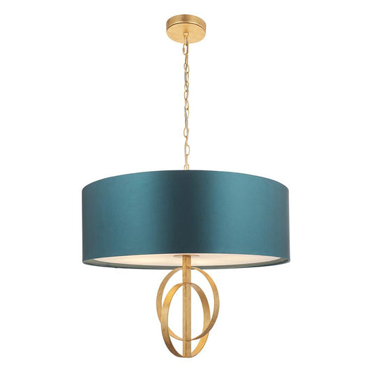 Hoop Detail Large Five Light Pendant In Gold Leaf With Teal Satin Fabric - ID 11184