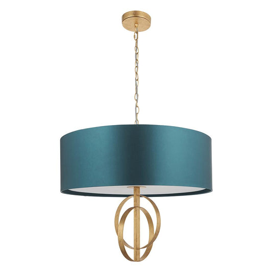 Hoop Detail Large Five Light Pendant In Gold Leaf With Teal Satin Fabric - ID 11184