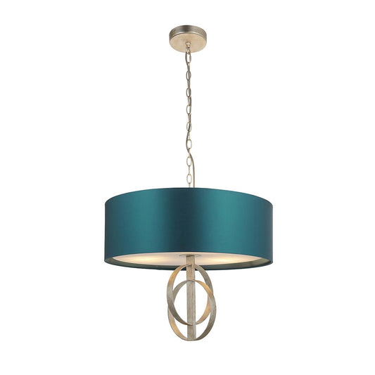 Hoop Detail Medium Three Light Pendant In Silver Leaf With Teal Satin Fabric - ID 11176