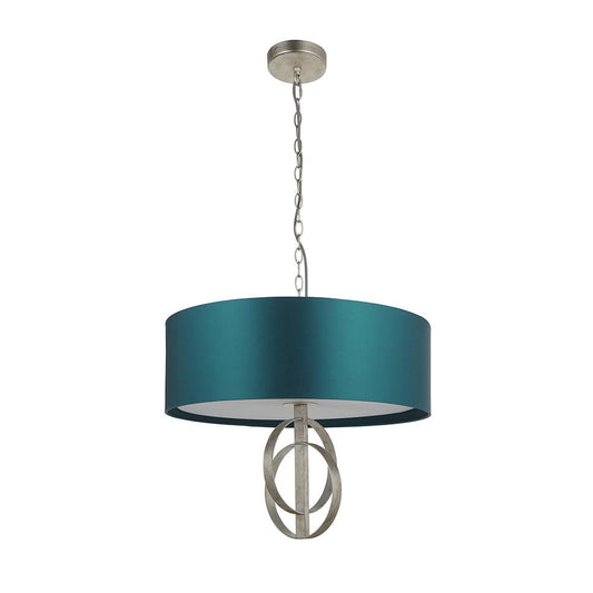 Hoop Detail Medium Three Light Pendant In Silver Leaf With Teal Satin Fabric - ID 11176
