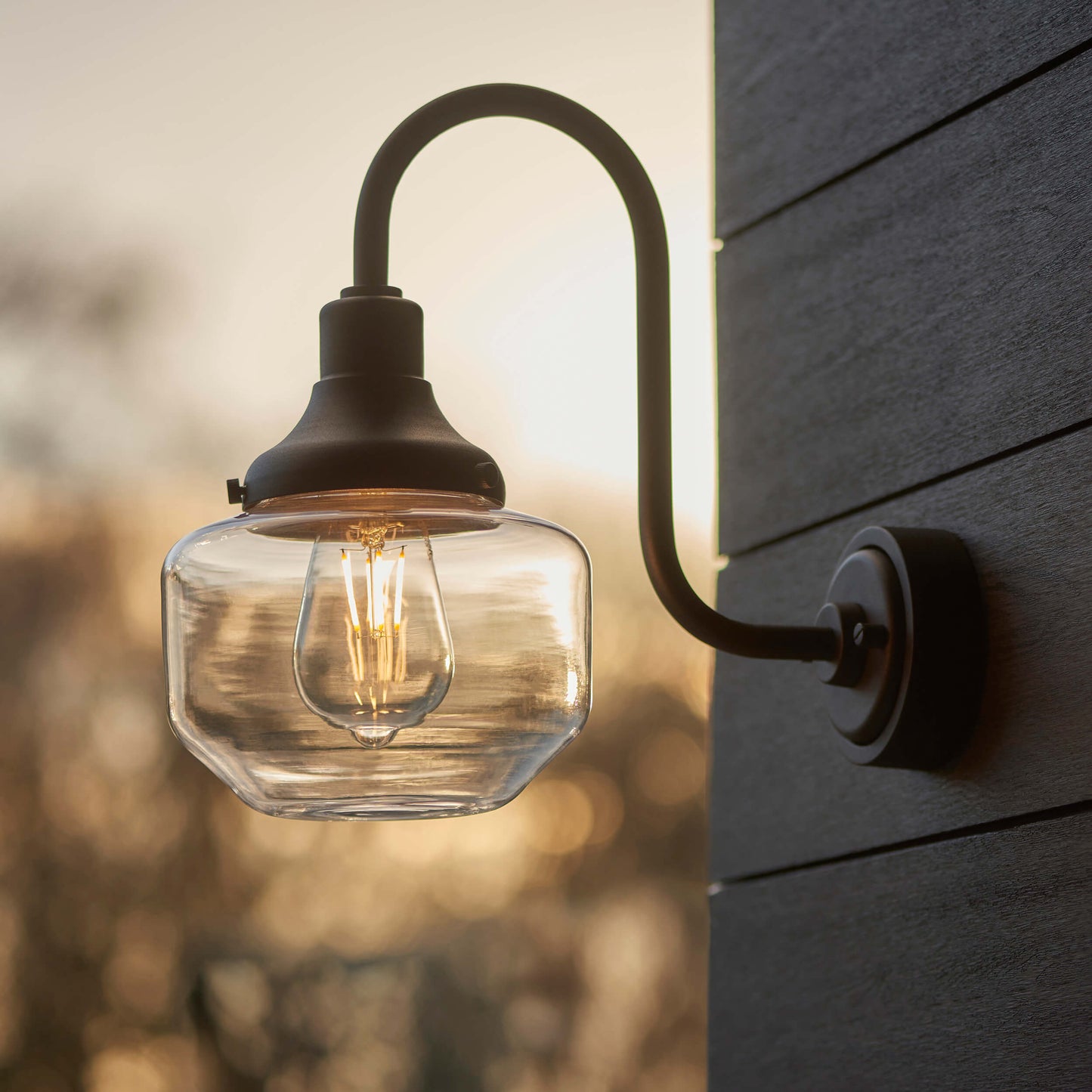 Textured Black With Swan Neck Wall Light With Clear Glass Shade  - ID 12499