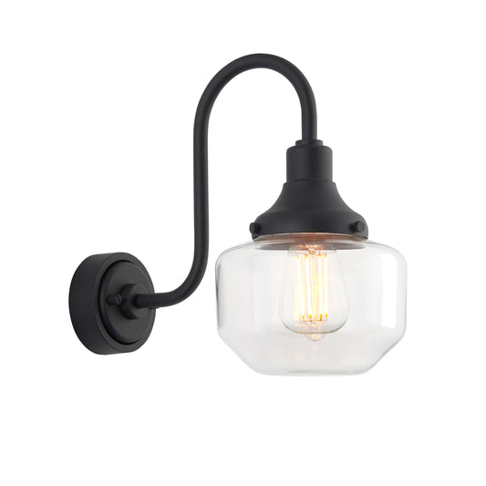 Textured Black With Swan Neck Wall Light With Clear Glass Shade - ID 12499