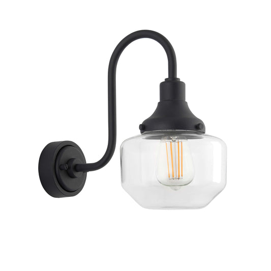 Textured Black With Swan Neck Wall Light With Clear Glass Shade  - ID 12499