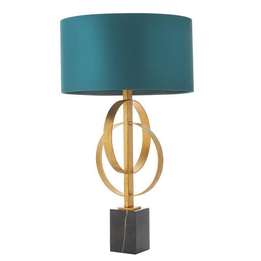 Hoop Detail Table Lamp In Gold Leaf With Teal Satin Fabric & Marble Base - ID 11186