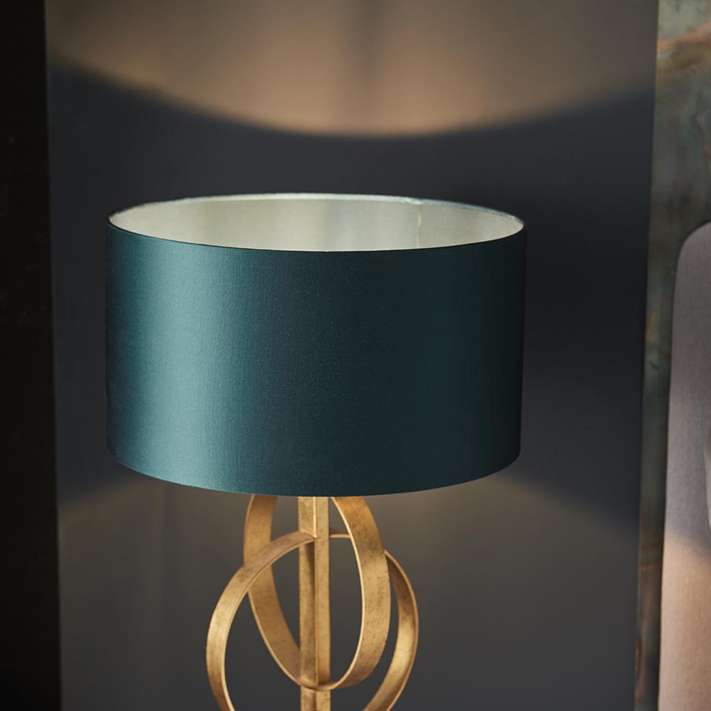 Hoop Detail Table Lamp In Gold Leaf With Teal Satin Fabric & Marble Base - ID 11186