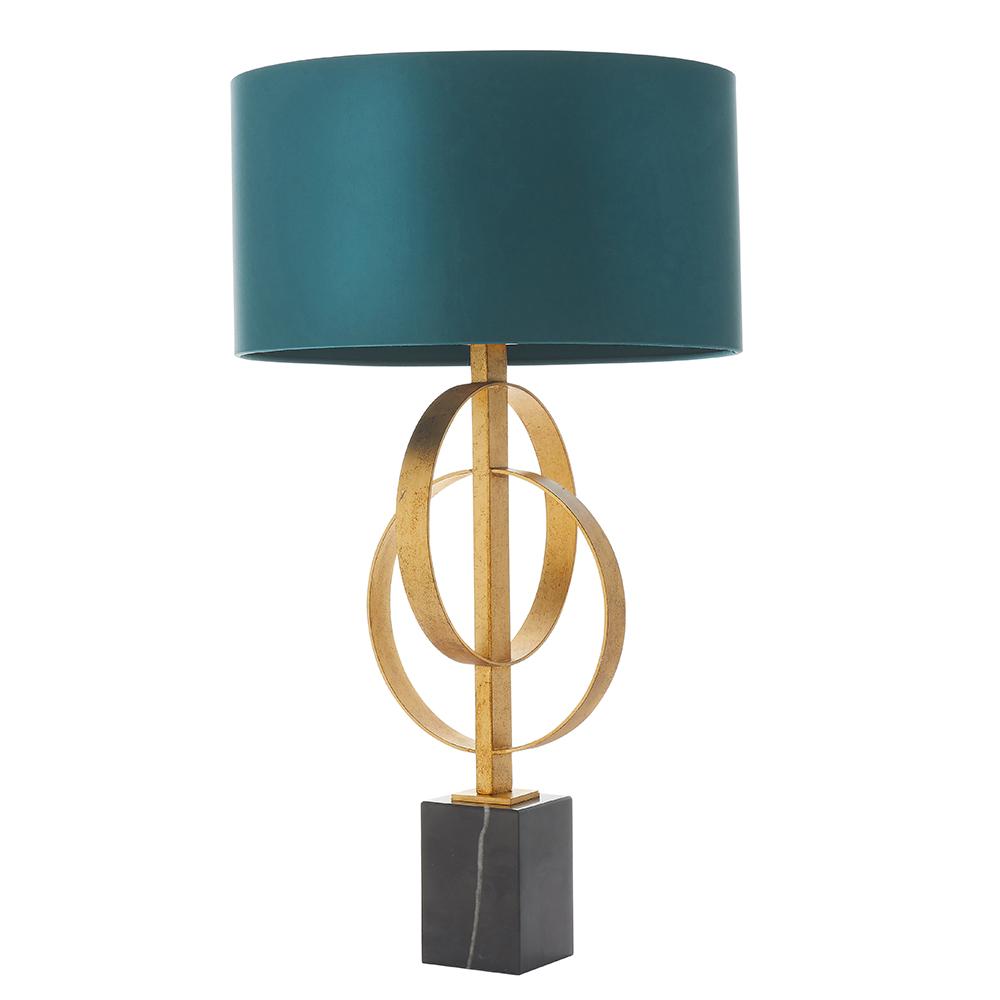 Hoop Detail Table Lamp In Gold Leaf With Teal Satin Fabric & Marble Base - ID 11186