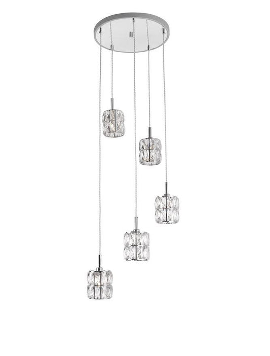NIC Crystal & Chrome Aluminium 5 Light Multiple Drop Pendant - ID 10560