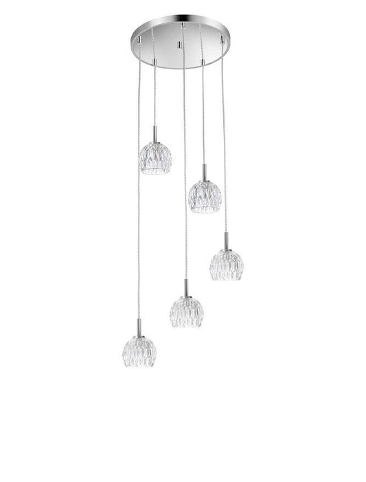 LAR Clear Glass & Chrome Aluminium 5 Light Multiple Drop Pendant - ID 10565