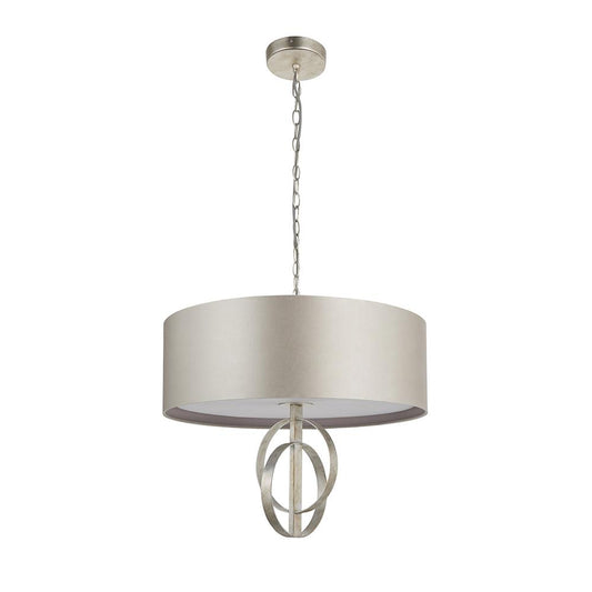 Hoop Detail Medium Three Light Pendant In Silver Leaf With Mink Satin Fabric - ID 11171
