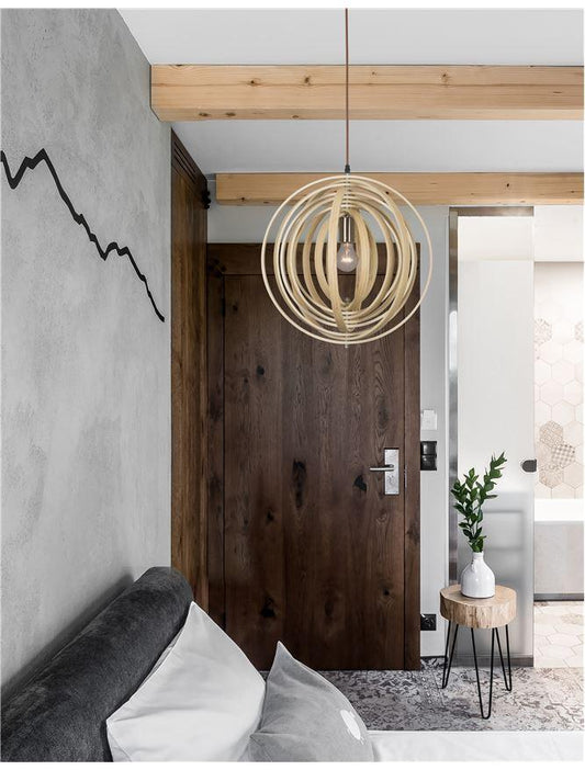 ASC Natural Wood & Dark Brown Fabric Cable Jumble Arrangement Single Pendant - ID 10440