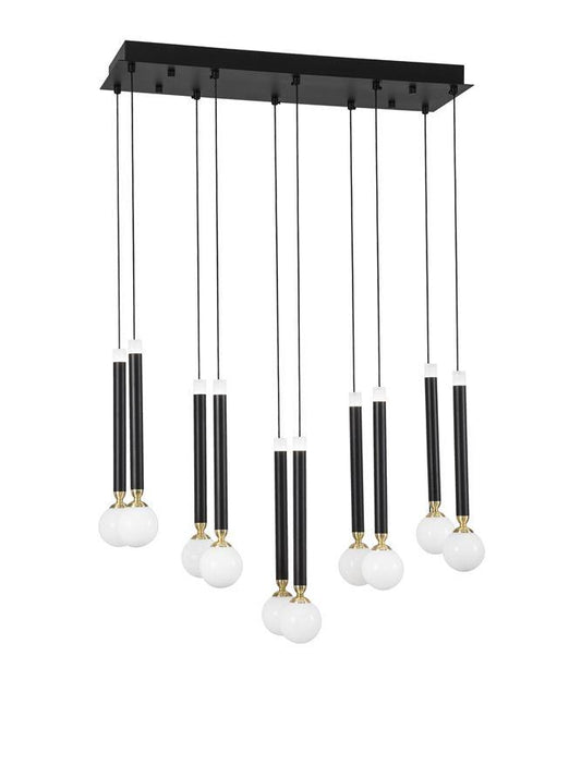 CAY Glass Opal Orb With Brass & Black Metalwork 10 Lamp Multiple Drop Pendant - ID 9968