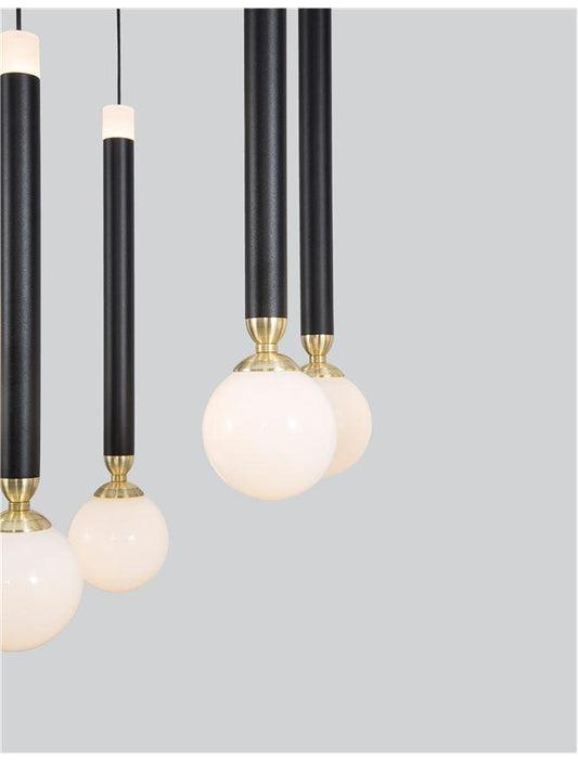 CAY Glass Opal Orb With Brass & Black Metalwork 10 Lamp Multiple Drop Pendant - ID 9968