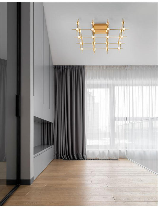 ATO Gold Metal & Acrylic 36 Lamp Molecule Semi Flush Ceiling Light With Remote Control - ID 10080