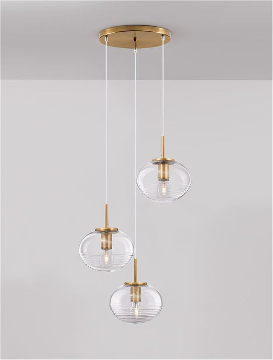 MAE Clear Glass, White Suspension & Brass Gold Metal 3 Lamp Multi Pendant - ID 11863