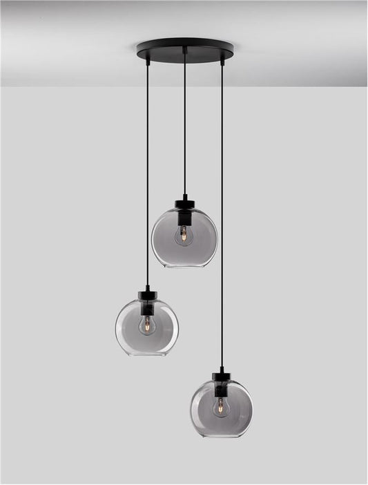 PAL Smoked Glass & Black Metal 3 Lamp Multi Pendant - ID 11835