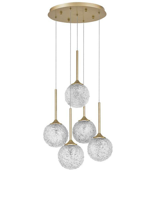 MIRA Clear Structured Glass & Brass Gold Steel 5 Light Multi Pendant - ID 10549