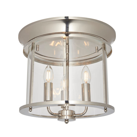 Nickel & Clear Glass Flush Ceiling 3 Lamp Ceiling Lantern - ID 11586