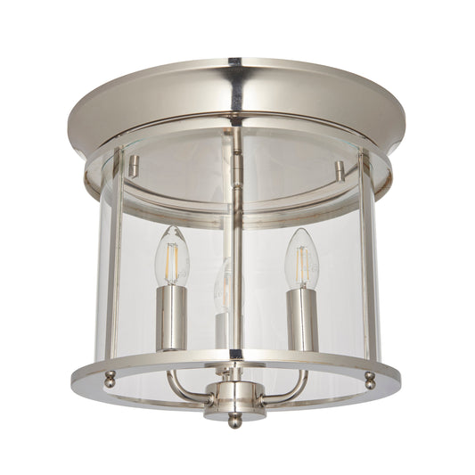 Nickel & Clear Glass Flush Ceiling 3 Lamp Ceiling Lantern - ID 11586