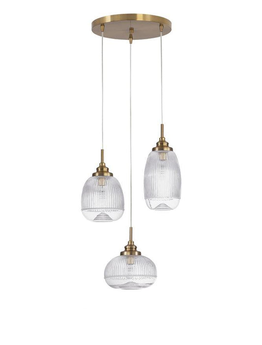MON Clear Lined Enclosed Glass & Gold Metal 3 Light Multi Pendant - ID 10027