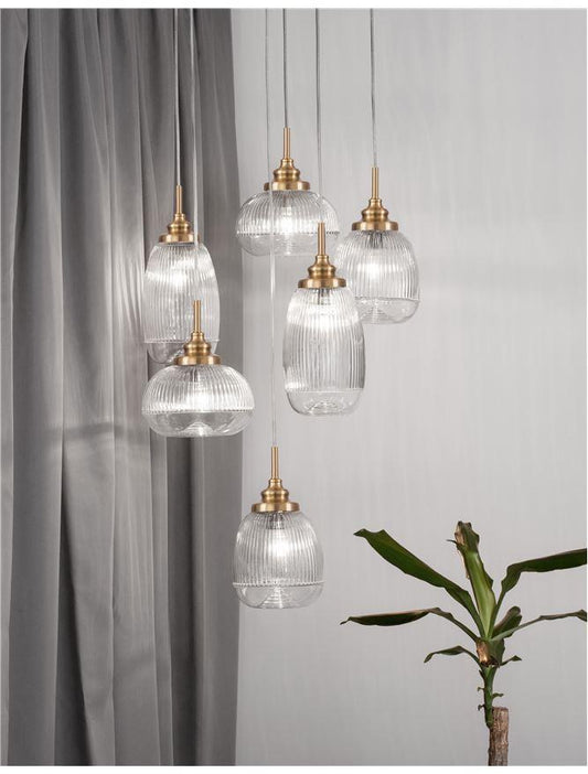 MON Clear Lined Enclosed Glass & Gold Metal 6 Light Multi Pendant - ID 10029