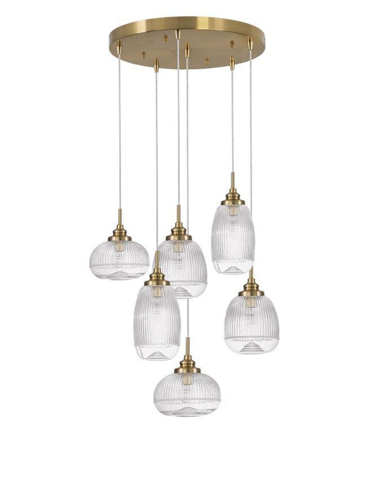 MON Clear Lined Enclosed Glass & Gold Metal 6 Light Multi Pendant - ID 10029