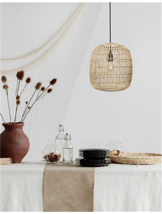 MEL Natural Ratan With Black Fabric Cable & Base Single Pendant - ID 10446