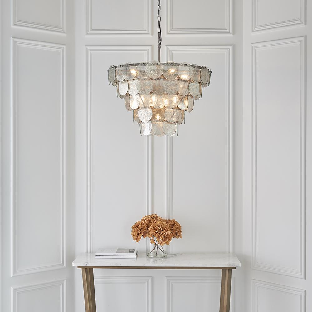 Tiered Chandelier with Mercury Effect Glass & Antique Silver Finish Metalwork - ID 11124