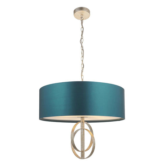 Hoop Detail Large Five Light Pendant In Silver Leaf With Teal Satin Fabric - ID 11175