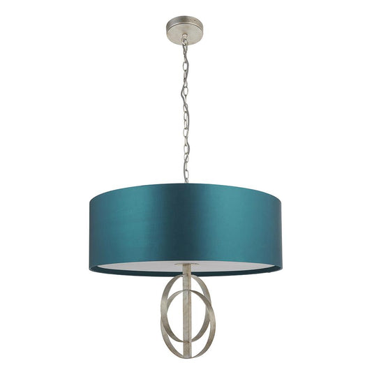 Hoop Detail Large Five Light Pendant In Silver Leaf With Teal Satin Fabric - ID 11175
