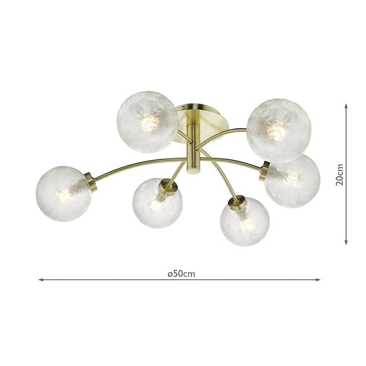 AVA Satin Brass & Ornate Frosted Glass Six Lamp Semi-Flush Ceiling Light - ID 10826