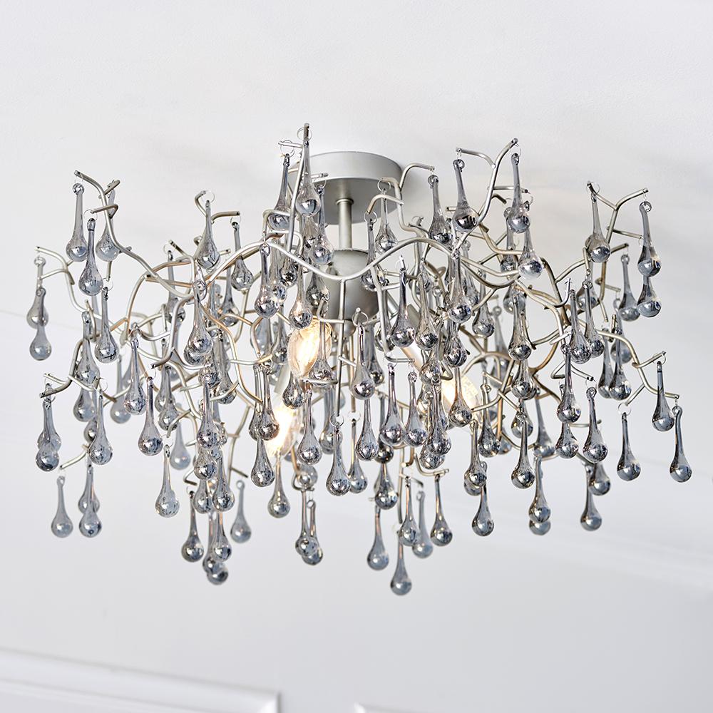 Smoked Glass Teardrop Semi-Flush Ceiling Light With Aged Silver Metalwork - ID 11140